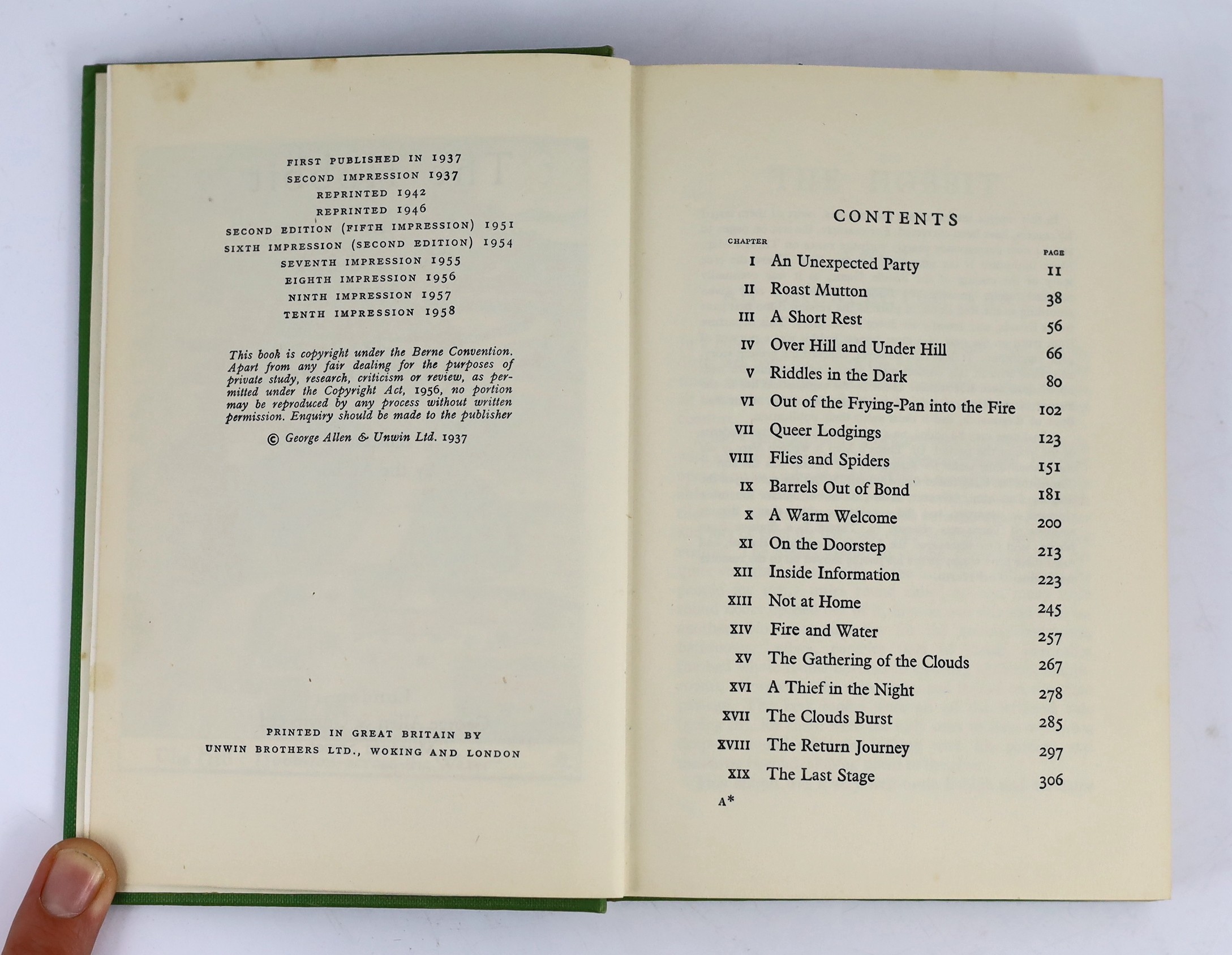 J.R.R. Tolkein - The Hobbit or There and Back Again, 2nd edition, 10th impression, (overall). coloured frontis. and 8 text illus. (7 full-page, by the author), 2 maps (in red and black) on e/ps.; publisher's pictorial cl